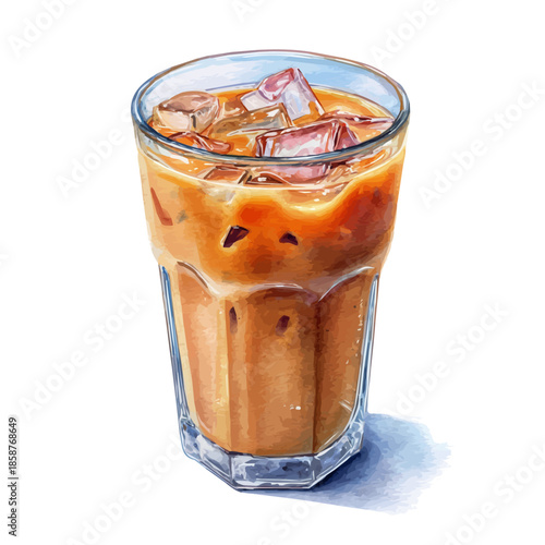 Isometric watercolor rendering of Iced Chai, isolated on a clean white background.