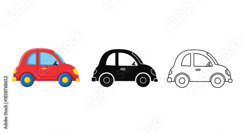 Three stylized car icons color silhouette and line art variations shown
