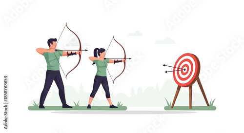 Two people practicing archery aiming at a target with bows and arrows