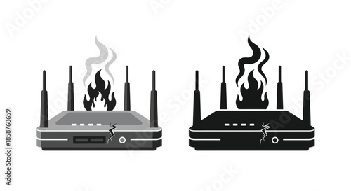 Burning wifi router icon set grayscale and black versions shown