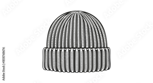 A single black and white knitted beanie hat on a white background