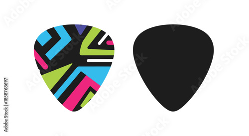 Colorful guitar picks with a geometric pattern and a solid black pick