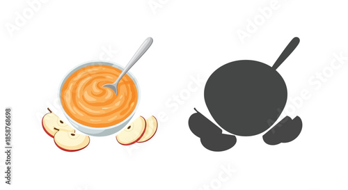 Applesauce illustration featuring a bowl spoon and a shadowy pot with pears