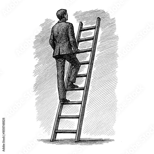 A man climbing ladder engraving illustration. Scratchboard imitation. Black and white image. flat vector