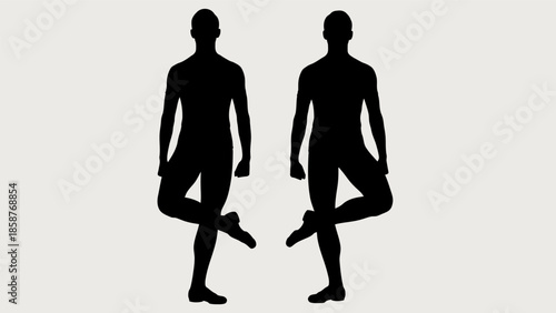 Two silhouetted figures in yoga poses against a plain background.