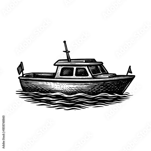 A speedboat engraving illustration. Scratchboard imitation. Black and white image. flat vector