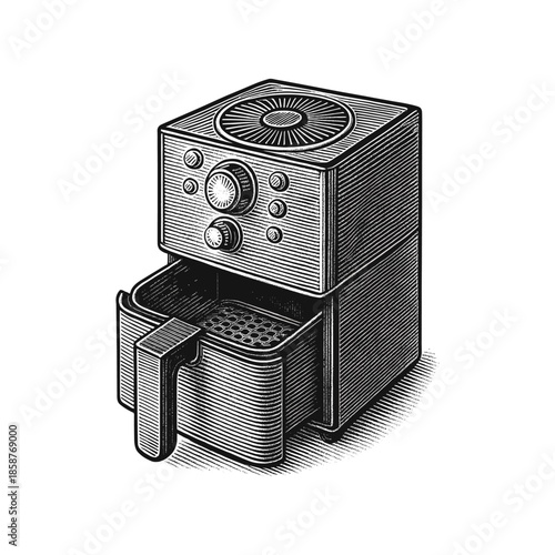 Air Fryer Kitchen Appliance Engraving Illustration, Modern Cooking Scratchboard Black and White Vector