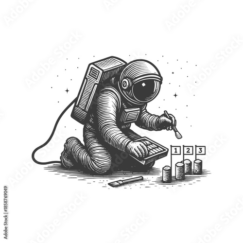 Astronaut Archaeologist engraving illustration. Scratchboard imitation. Black and white image. flat vector