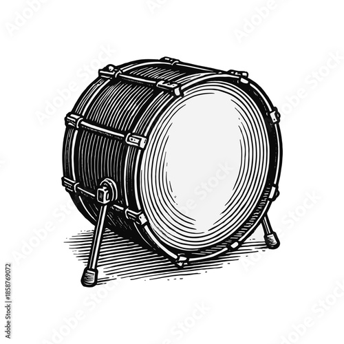 Bass Drum illustration. Scratchboard imitation. Black and white image. flat vector