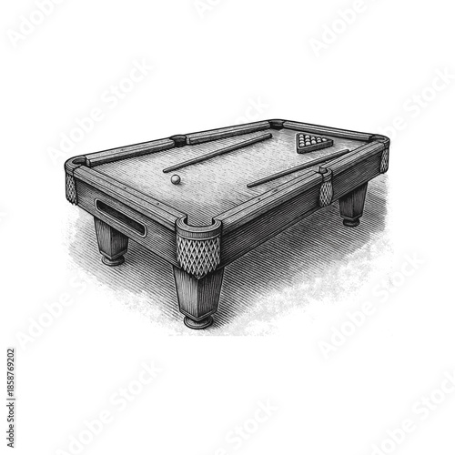 Billiard pool table, snooker table engraving illustration. Scratchboard imitation. Black and white image. flat vector 