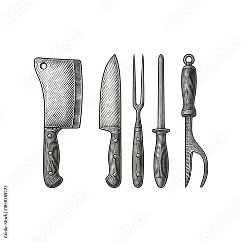 Butcher tools engraving illustration. Scratchboard imitation. Black and white image. flat vector