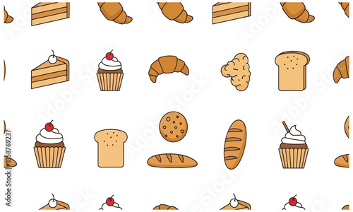 Seamless Vector Pattern of Hand-Drawn Bakery Goods and Pastries, Minimalist Bakery Illustration Background with Bread Cakes and Cookies, Cute Pastel Bakery Icon Pattern for Kitchen Decor and Branding