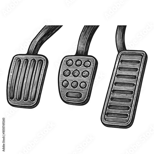 Car gas pedals engraving illustration. Scratchboard imitation. Black and white image. flat vector