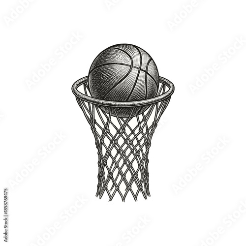 Classic Basketball Hoop with Net engraving illustration. Scratchboard imitation. Black and white image. flat vector
