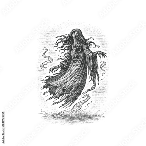 Ghostly Apparition Engraving Illustration, drawn in an engraved, woodcut style with fine details sketch engraving vector illustration. Scratchboard imitation. Black and white image. flat vector