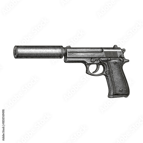 A silencer pistol engraved illustration, drawn in an engraved, woodcut style with fine details sketch engraving vector illustration. Scratchboard imitation. Black and white image. flat vector