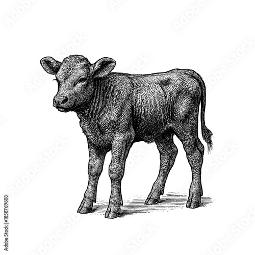 A cute hairy calf engraving illustration, drawn in an engraved, woodcut style with fine details sketch engraving vector illustration. Scratchboard imitation. Black and white image. flat vector