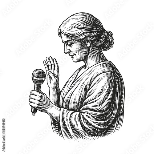 Woman Holding Microphone Speaking engraving illustration. Scratchboard imitation. Black and white image. flat vector