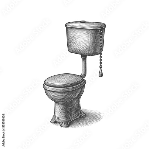 Vintage toilet commode engraving illustration. Scratchboard imitation. Black and white image. flat vector