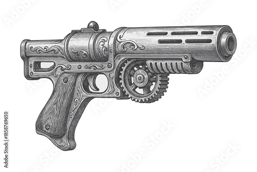Vintage seampunk gear-powered futuristic pistol engraving illustration. Scratchboard imitation. Black and white image. flat vector
