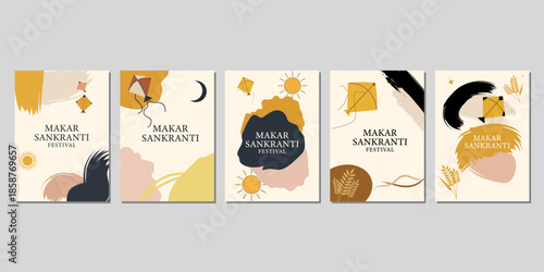 A set of five abstract art makar sankranti posters with colorful shapes and text