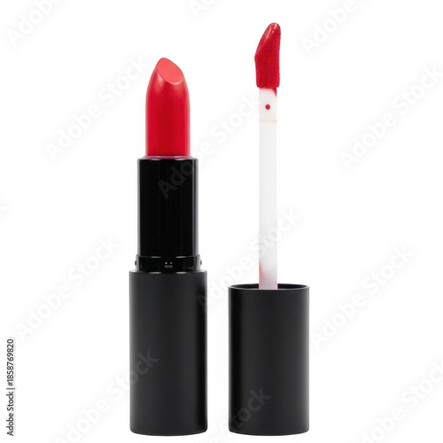 Vibrant Red Matte Lipstick and Liquid Lip Gloss Applicator Set, Professional Cosmetic Makeup Duo isolated on transparent background