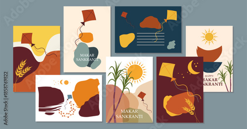 Collection of makar sankranti abstract art pieces with vibrant colors and shapes arranged together
