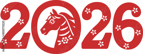 2026 Text and Horse Head Red Paper Cut Silhouette Design.
2026 Chinese New Year Horse Paper Cut Design, Red Zodiac Vector Illustration.
Transparent background.