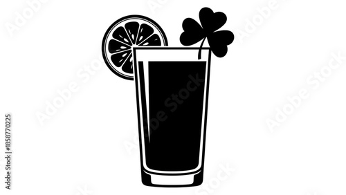 Black and white illustration of a glass with a straw and shamrock.