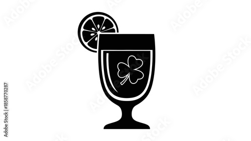 Black and white illustration of a cocktail glass with shamrock and citrus slice.