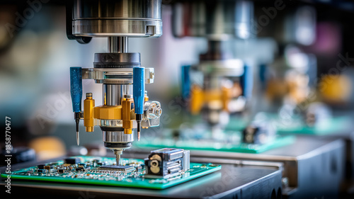 A robotic tool installing microchips on circuit boards to illustrate semiconductor fabrication high precision engineering and advanced industrial technology.
