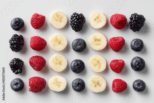 Colorful Berry and Banana Flat Lay Pattern, Fresh Blueberry Raspberry Blackberry and Banana Slices on White Background, Healthy Food Concept, Clean Minimal Fruit Background