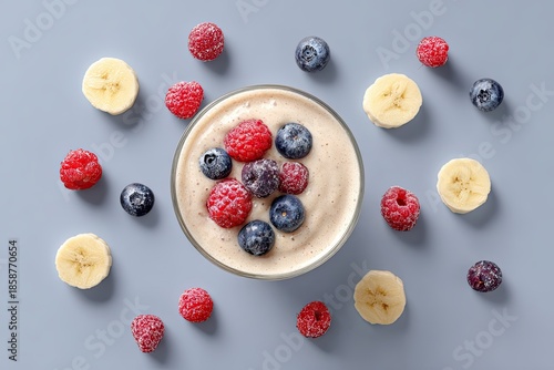 Berry Banana Smoothie Bowl Flat Lay, Healthy Breakfast with Blueberries Raspberries and Banana Slices on Gray Background, Clean Eating and Wellness Food Concept