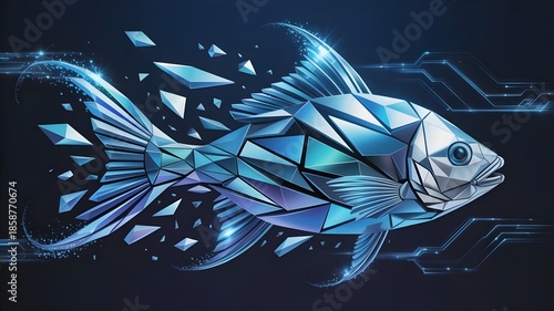 Geometric fish composed of crystalline digital shards in blue and cyan – Great for innovation, creative disruption, or digital fluidity themes.