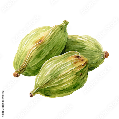 Isometric watercolor rendering of Cardamom, isolated on a clean white background.