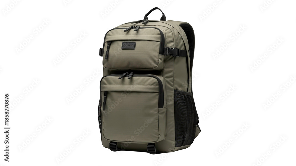 Naklejka premium A sturdy khaki backpack with multiple pockets on transparent background