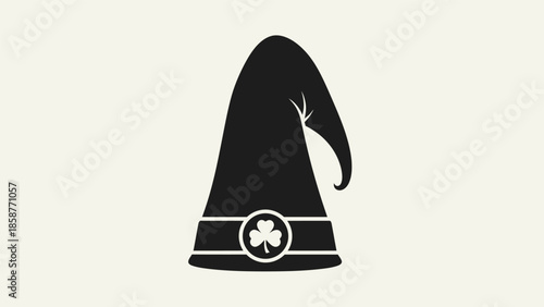 Black pointed wizard hat with feather and emblem on white background.