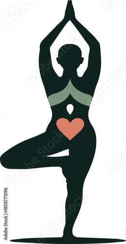 Dark silhouette of a person in tree pose with heart and wavy accents yoga vrikshasana dark green des