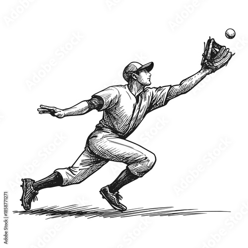 Baseball player catching the ball engraving illustration, drawn in an engraved, woodcut style with fine details sketch engraving vector illustration. Scratchboard imitation. flat vector
