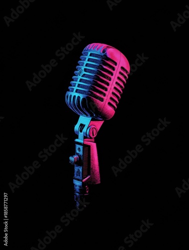 Colorful Vintage Microphone in Dynamic Lighting Against Black Background Reflecting Music and Performance Energy During a Live Event