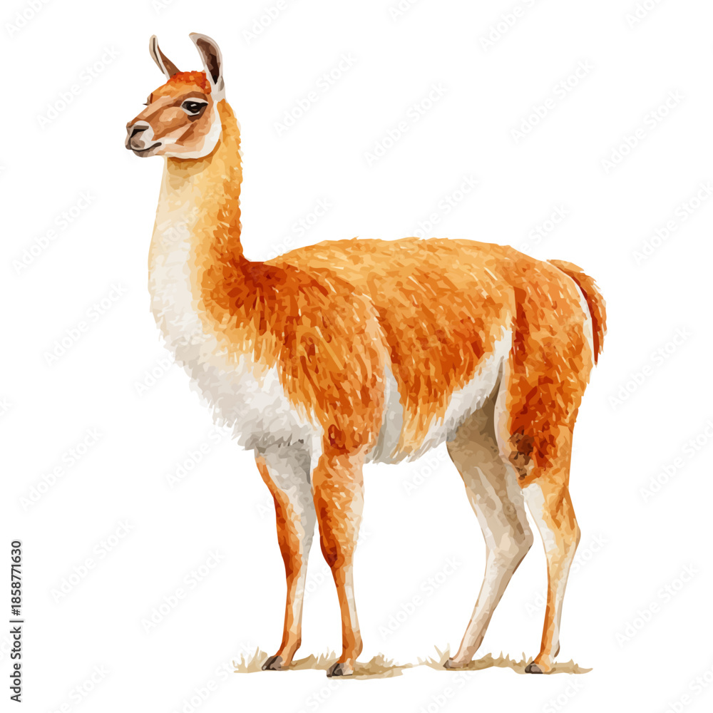 Fototapeta premium Watercolor isometric vector-style illustration of Guanaco, isolated on white background.