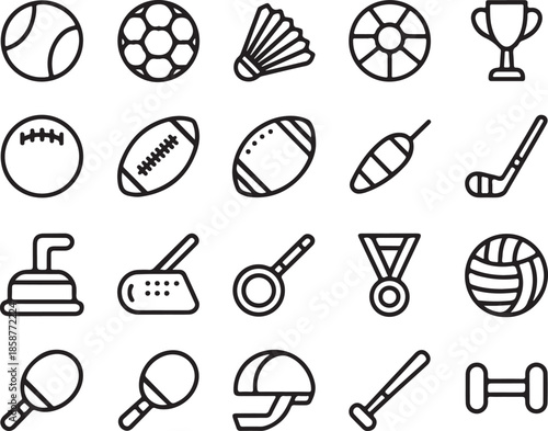 Set of twenty sports equipment line art icons including balls rackets bats and trophy for athletic competition symbols
