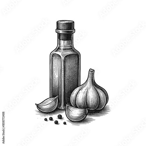 Vintage Garlic and Olive Oil Bottle engraving vector illustration. Scratchboard imitation. Black and white image. flat vector