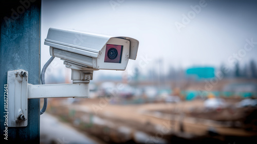 A surveillance camera installed outdoors representing security monitoring property protection and continuous observation.
