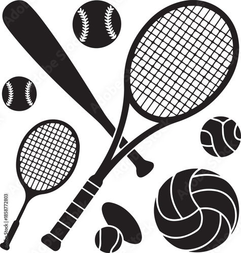 Sports equipment collage featuring baseball bats tennis rackets and various types of balls for athletic activities