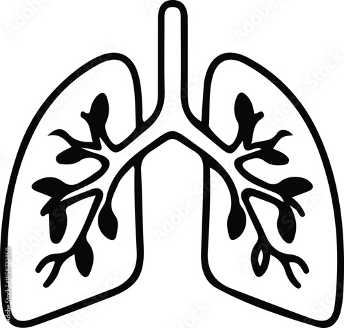 A detailed black line drawing of human lungs with visible branching airways ideal for medical illustrations on
