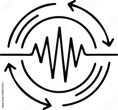 A simple black line art illustration of a sound wave inside a circular arrow design on transparent
