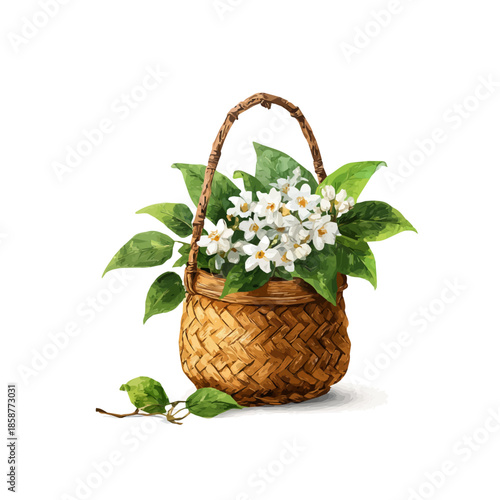 A watercolor isometric illustration of Jasmine Basket, cleanly isolated on white background.