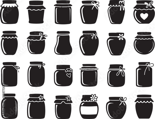 Set of black silhouette icons representing various jars with lids and ribbons on a transparent grid background