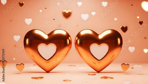 Shiny copper hearts on romantic background with floating heart shapes